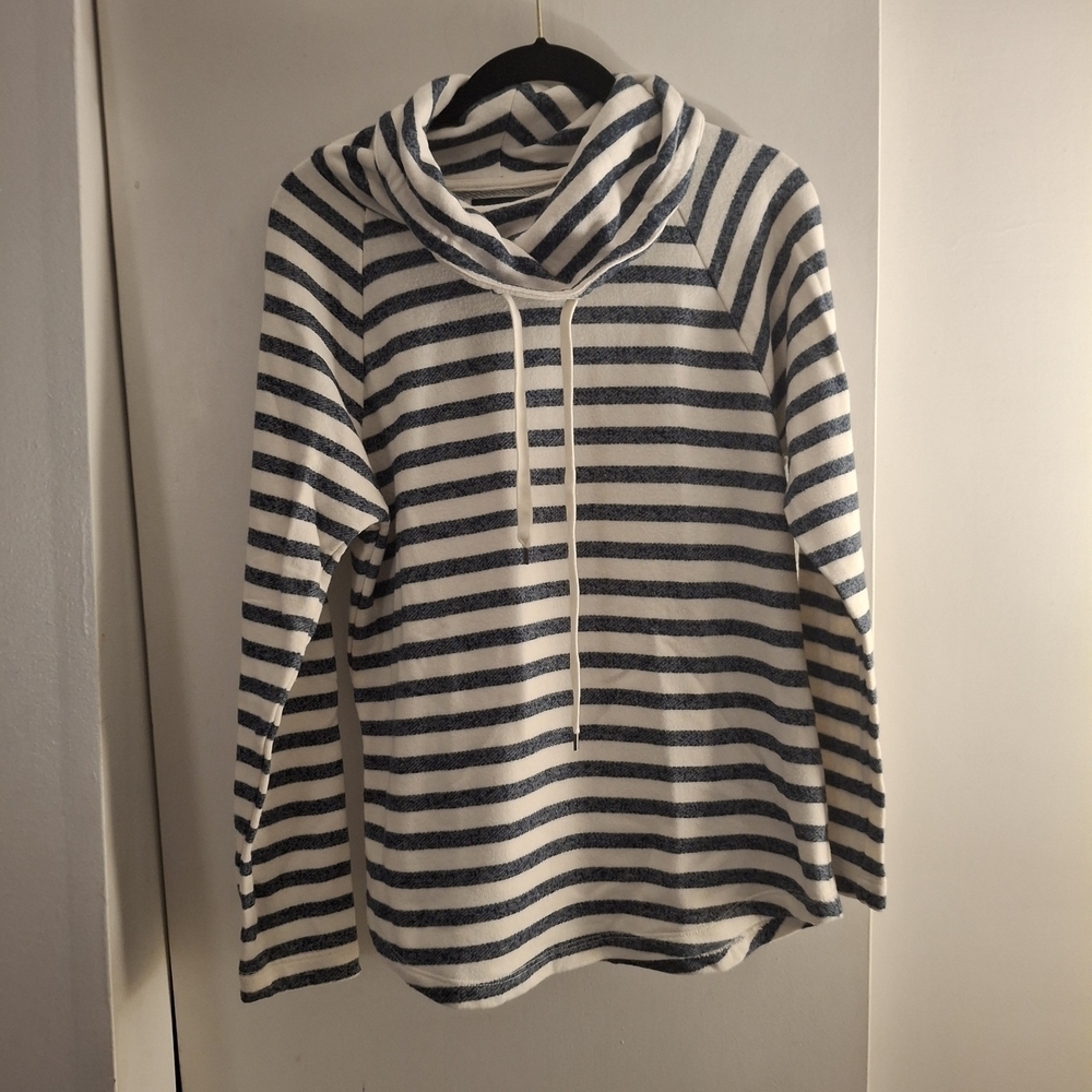 American Living Women's Navy and White Striped Cowl Neck Sweater